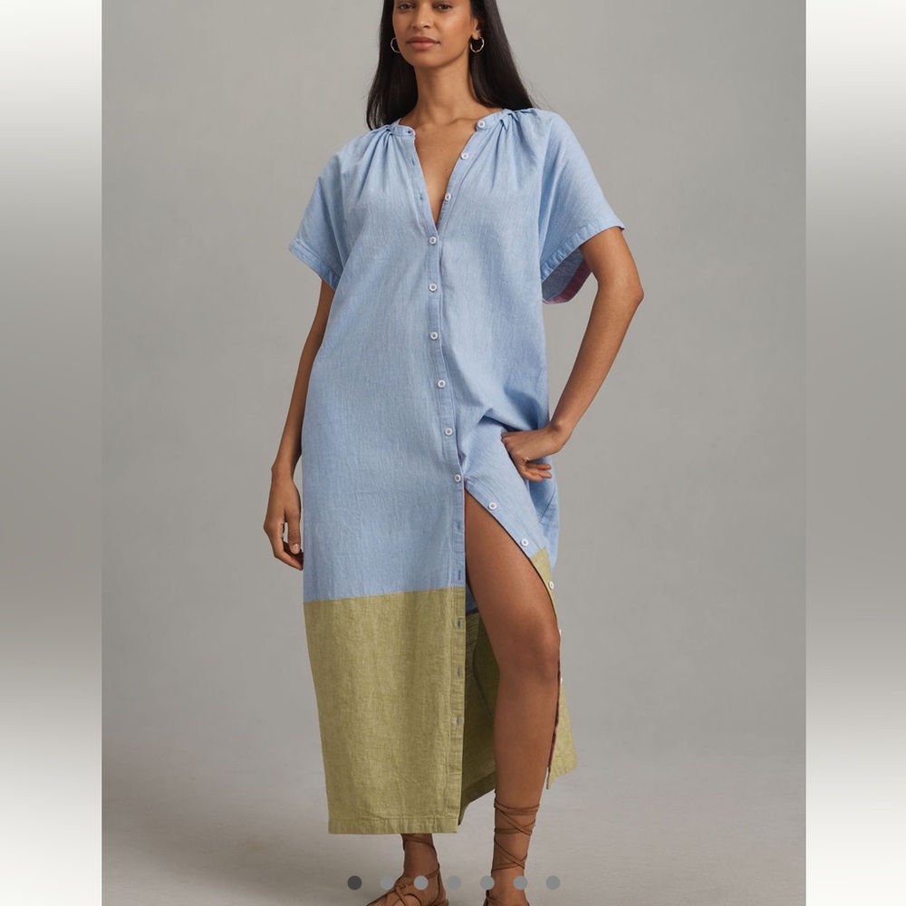 Anthropologie Blue Green Linen Short Sleeve Maxi Dress